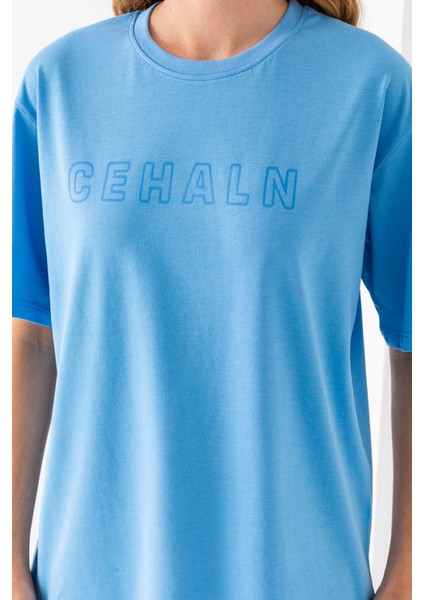 Kadın Bisiklet Yaka Cehaln Baskılı Pamuklu T-Shirt Mavi - 925015