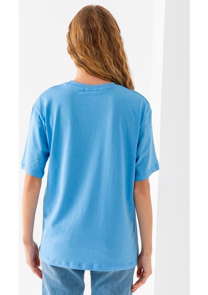 Kadın Bisiklet Yaka Cehaln Baskılı Pamuklu T-Shirt Mavi - 925015
