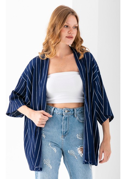 Kadın Yarım Kol Çizgili Bürümcük Kimono Lacivert - 254406
