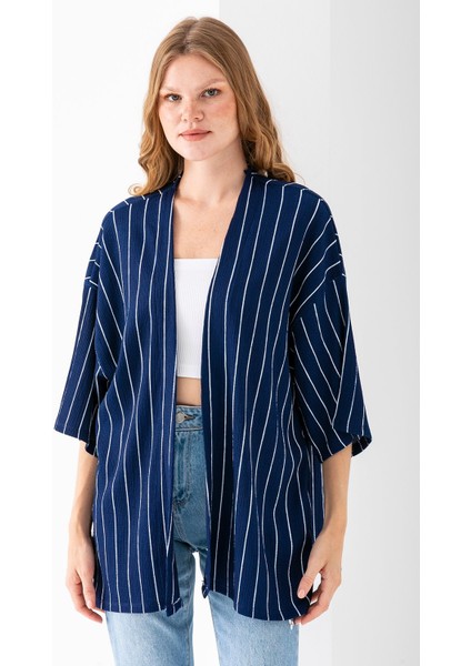 Kadın Yarım Kol Çizgili Bürümcük Kimono Lacivert - 254406 fiyatları