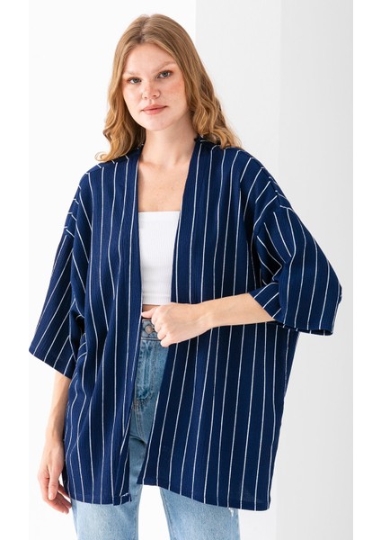 Kadın Yarım Kol Çizgili Bürümcük Kimono Lacivert - 254406 modelleri