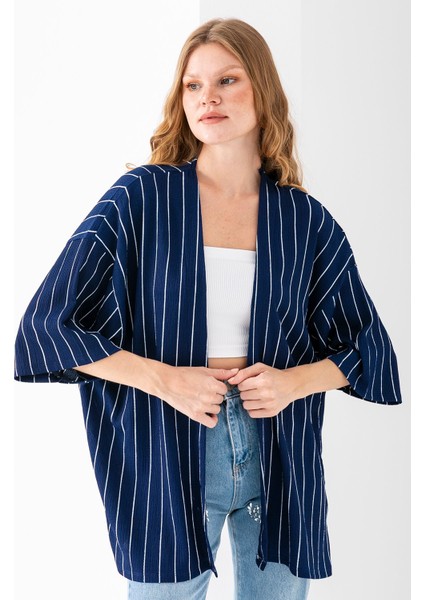 Kadın Yarım Kol Çizgili Bürümcük Kimono Lacivert - 254406 fırsatları