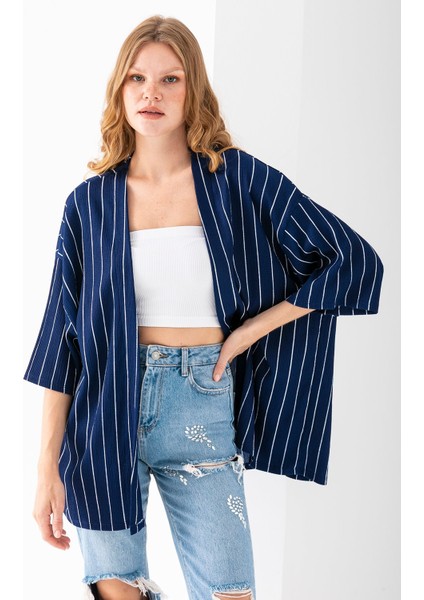 Kadın Yarım Kol Çizgili Bürümcük Kimono Lacivert - 254406 indirimleri