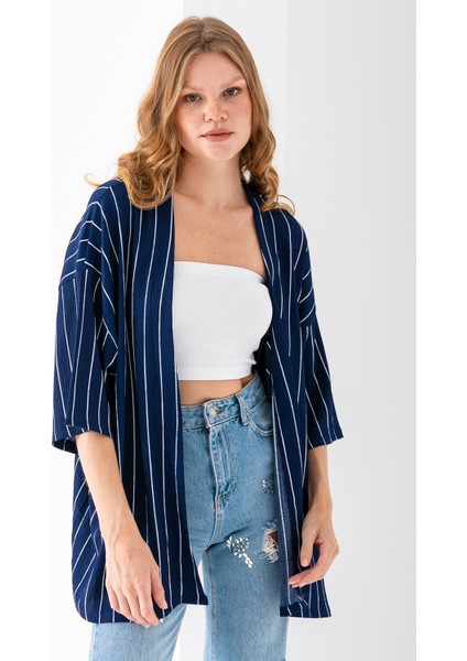Kadın Yarım Kol Çizgili Bürümcük Kimono Lacivert - 254406