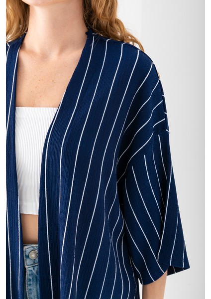 Kadın Yarım Kol Çizgili Bürümcük Kimono Lacivert - 254406