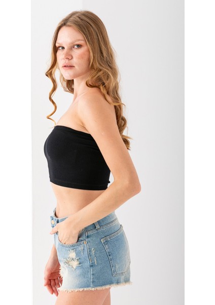 Kadın Straplez Yaka Fitilli Crop Siyah - MS0000245 fırsatları