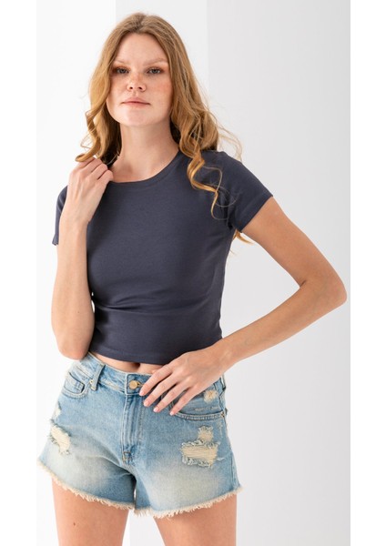 Kadın Bisiklet Yaka Pamuklu Basic Body Füme - 25873
