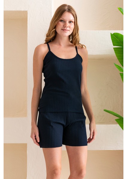 Kadın Ip Askılı Şortlu Pamuk Karışımlı Kaşkorse Pijama Takımı Lacivert - 6015