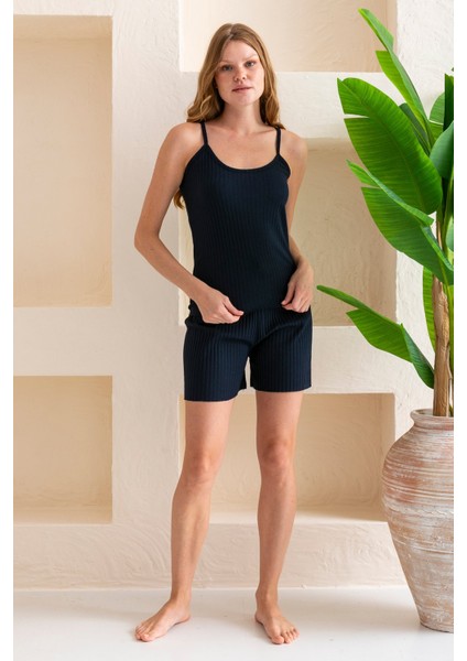 Kadın Ip Askılı Şortlu Pamuk Karışımlı Kaşkorse Pijama Takımı Lacivert - 6015