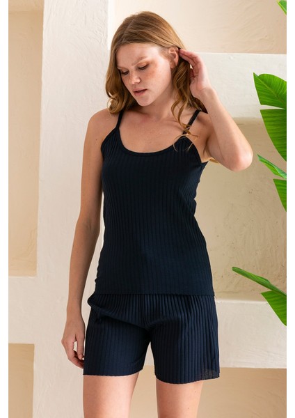 Kadın Ip Askılı Şortlu Pamuk Karışımlı Kaşkorse Pijama Takımı Lacivert - 6015