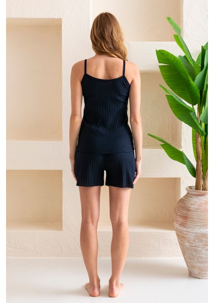 Kadın Ip Askılı Şortlu Pamuk Karışımlı Kaşkorse Pijama Takımı Lacivert - 6015
