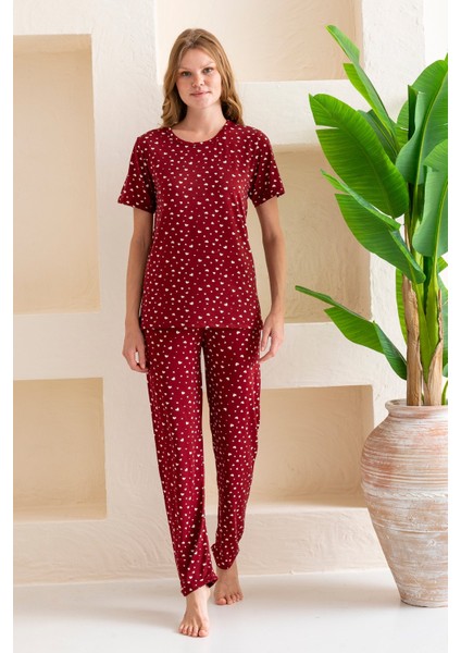 Kadın Bisiklet Yaka Kısa Kollu Kalp Desenli Pijama Takım Bordo - 6016