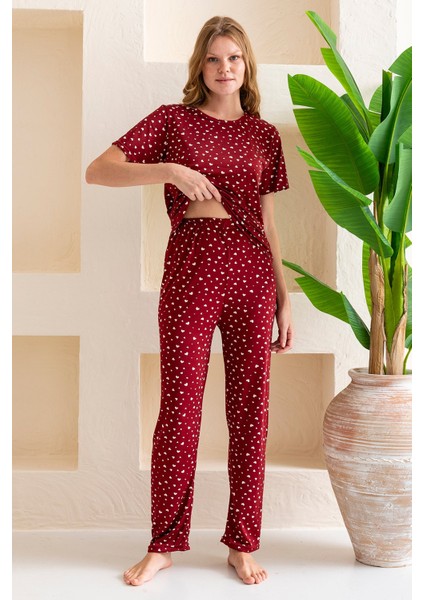 Kadın Bisiklet Yaka Kısa Kollu Kalp Desenli Pijama Takım Bordo - 6016