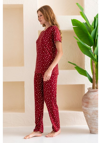 Kadın Bisiklet Yaka Kısa Kollu Kalp Desenli Pijama Takım Bordo - 6016