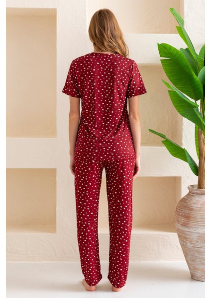 Kadın Bisiklet Yaka Kısa Kollu Kalp Desenli Pijama Takım Bordo - 6016