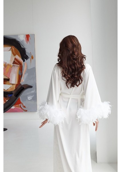 Beyaz Ipeksi Saten ,kaz Tüylü ,gelin ,sabahlık Kimono modelleri