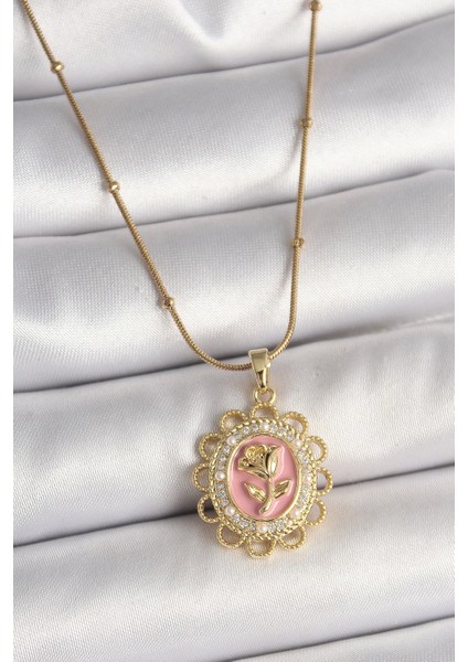 316L Çelik Gold Renk Topçuk Zincir Zirkon Taş Detaylı Pembe Gül Işlemeli Portre Model Kadın Kolye