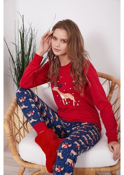 Deer Kırmızı Kadın Uzun Kol Pijama Takım modelleri