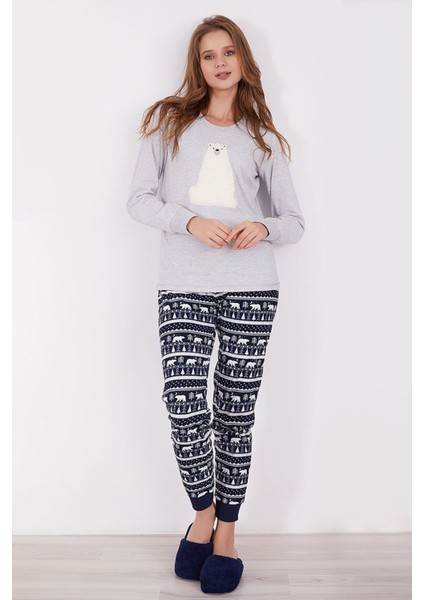 Kadın Açık Gri Kutup Ayısı Temalı Uzun Kol Pijama Takım