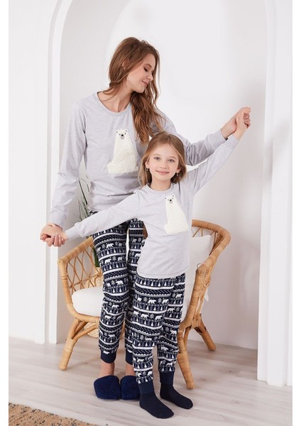 Kadın Açık Gri Kutup Ayısı Temalı Uzun Kol Pijama Takım fiyatları