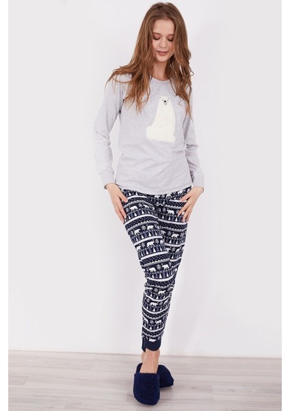 Kadın Açık Gri Kutup Ayısı Temalı Uzun Kol Pijama Takım modelleri