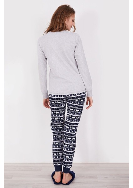 Kadın Açık Gri Kutup Ayısı Temalı Uzun Kol Pijama Takım