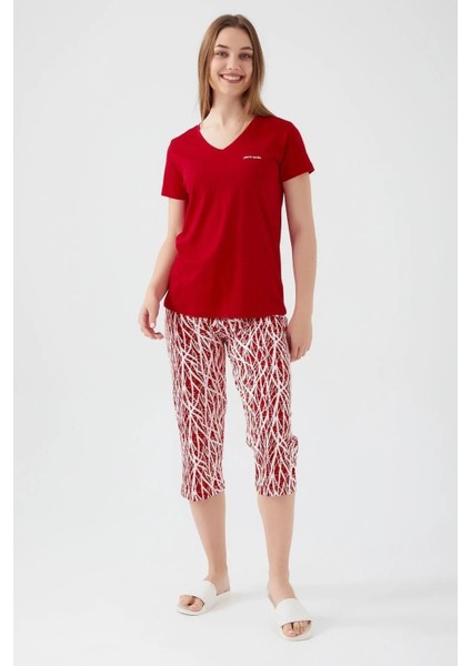%100 Pamuk V Yaka Kadın Kapri Pijama Takım 8610