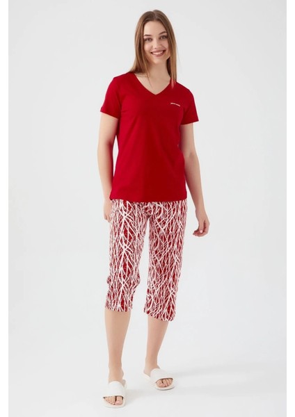 %100 Pamuk V Yaka Kadın Kapri Pijama Takım 8610 modelleri