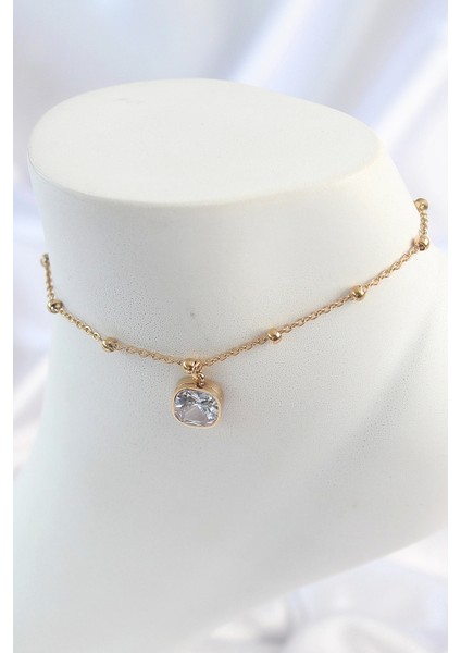 316L Çelik Gold Renk Topçuk Zincir Model Sallantı Kare Zirkon Taş Model Kadın Halhal