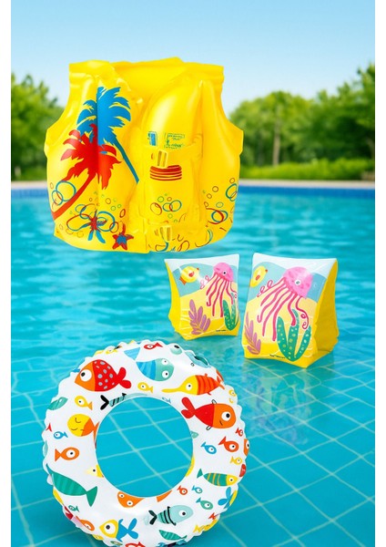 Çocuklar Için Renkli 3'lü Yüzme Yardımcı Seti Can Yeleği, Simit ve Kolluk