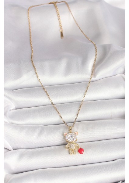 316L Çelik Gold Renk Zincir Zirkon Taşlı Ayıcık Model Kırmızı Kalp Detay Kadın Kolye fiyatları