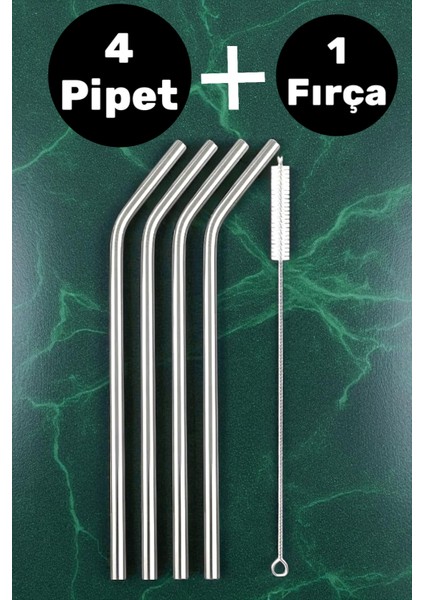 Paslanmaz Çelik Pipet Seti 5 Parça Çelik Içecek Çubuğu Pipet Fırçası