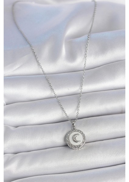 316L Çelik Gümüş Renk Zincir Beyaz Mineli Hilal Işlemeli Madalyon Model Kadın Kolye fiyatları