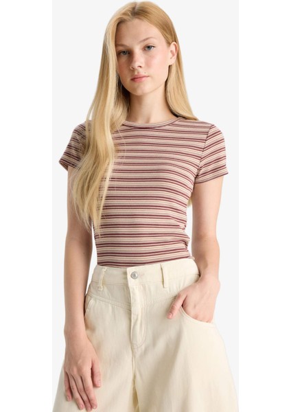 Fitted Bisiklet Yaka Ribana Çizgili Kısa Kollu Tişört F7822AX25AU modelleri