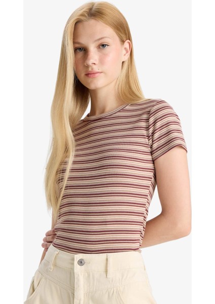 Fitted Bisiklet Yaka Ribana Çizgili Kısa Kollu Tişört F7822AX25AU fırsatları