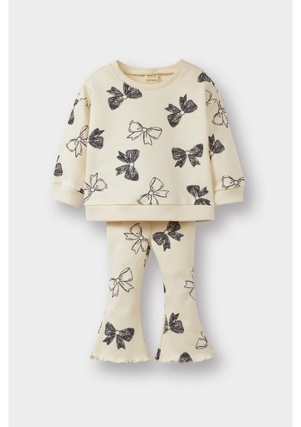 Kız Bebek 2'li Takım Fiyonk Desenli Sweatshirt İspanyol Paça Tayt F0508A525AU
