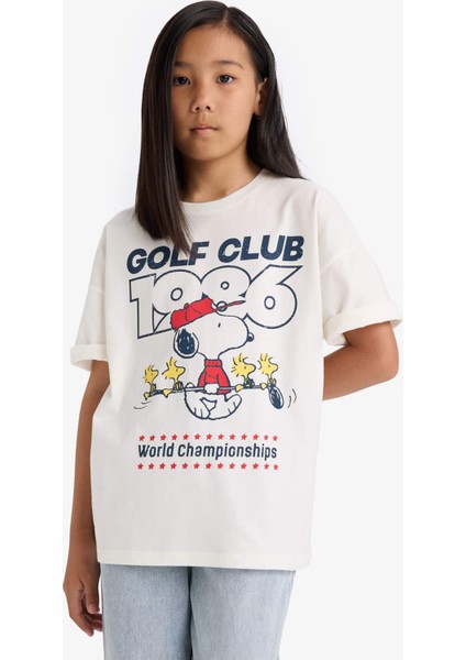 Kız Çocuk Snoopy Oversize Geniş Kalıp Bisiklet Yaka Kısa Kollu Tişört modelleri