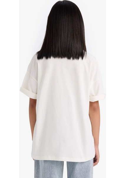 Kız Çocuk Snoopy Oversize Geniş Kalıp Bisiklet Yaka Kısa Kollu Tişört