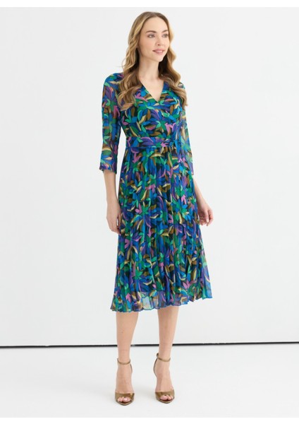 Kruvaze Yaka Emprime Saks Standart Kadın Elbise 25YSL7614