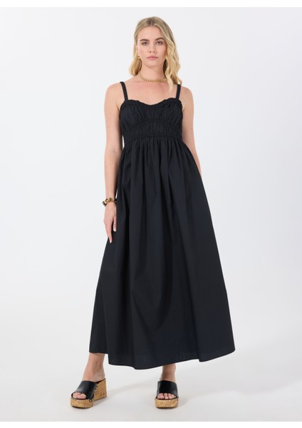 Kare Yaka Düz Siyah Standart Kadın Elbise 50537919