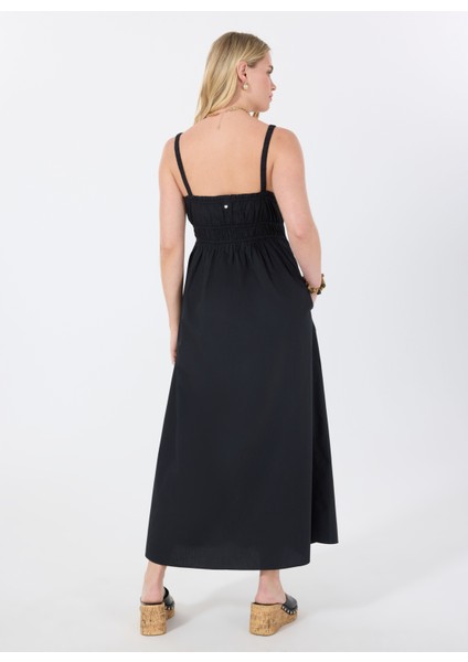 Kare Yaka Düz Siyah Standart Kadın Elbise 50537919 indirimleri