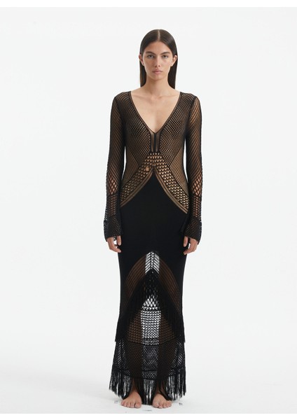 V Yaka Örgü Desenli Siyah Standart Kadın Elbise Elba