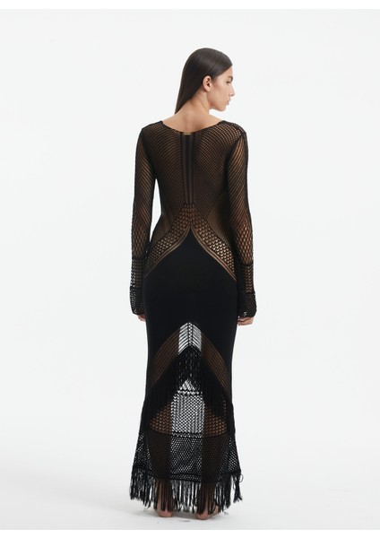 V Yaka Örgü Desenli Siyah Standart Kadın Elbise Elba fiyatları