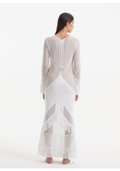 V Yaka Örgü Desenli Beyaz Standart Kadın Elbise Elba fırsatları