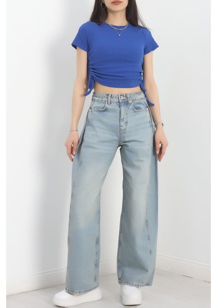 Büzgü Detaylı Baggy Kot Pantolon Açıkmavi2