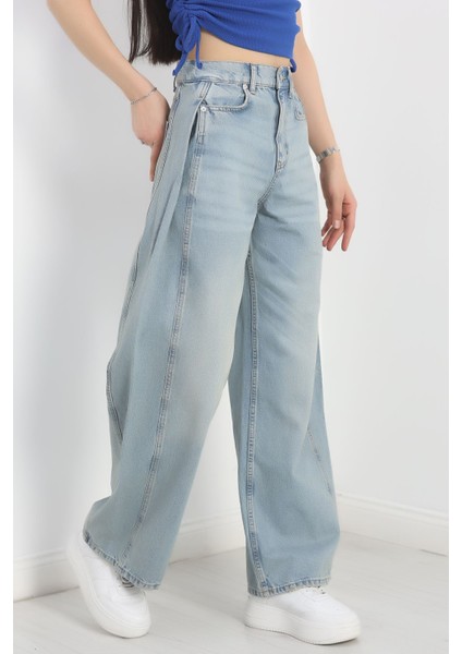 Büzgü Detaylı Baggy Kot Pantolon Açıkmavi2