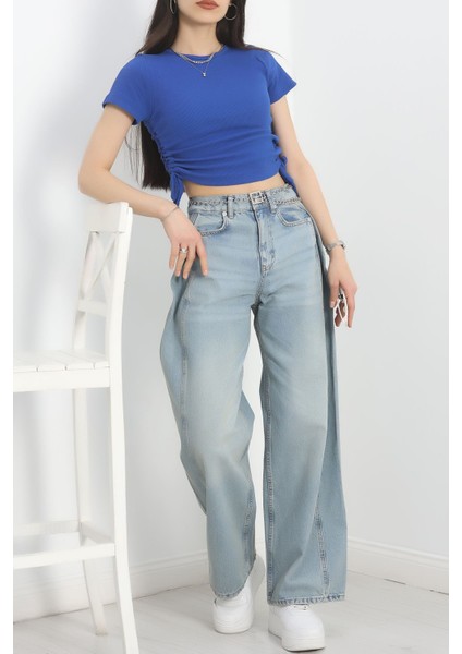 Büzgü Detaylı Baggy Kot Pantolon Açıkmavi2
