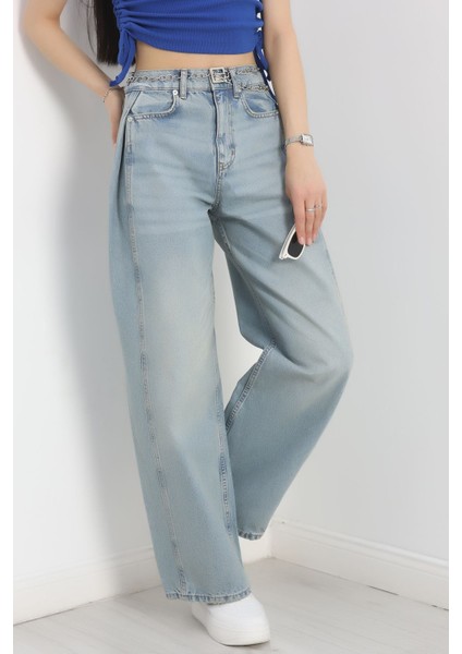 Büzgü Detaylı Baggy Kot Pantolon Açıkmavi2