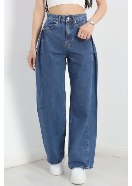 Büzgü Detaylı Baggy Kot Pantolon Lacivert