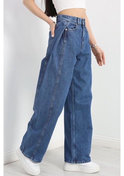 Büzgü Detaylı Baggy Kot Pantolon Lacivert